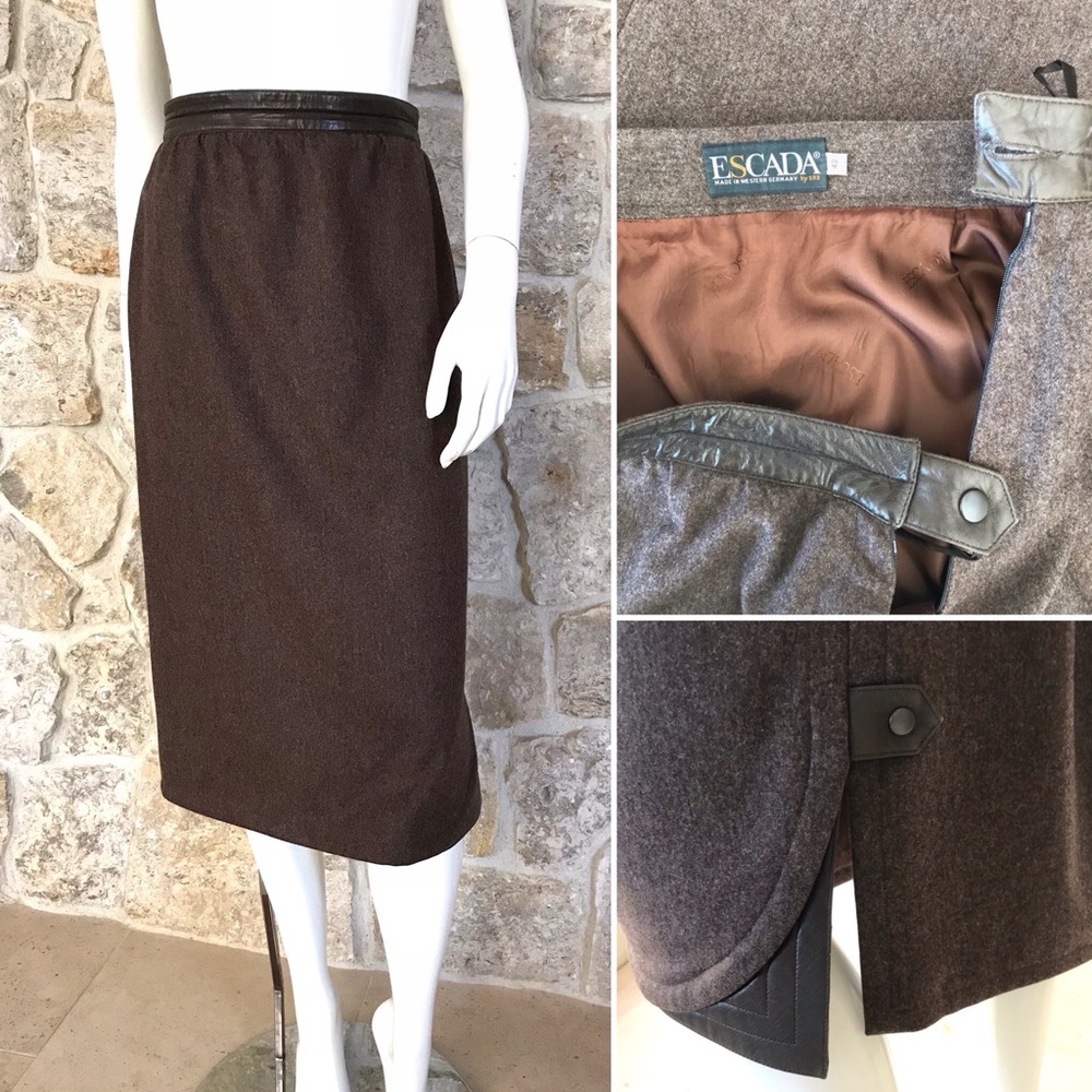 Vintage 1980s 80s Escada Brown Wool Pencil Skirt with Leather Trim and Accents